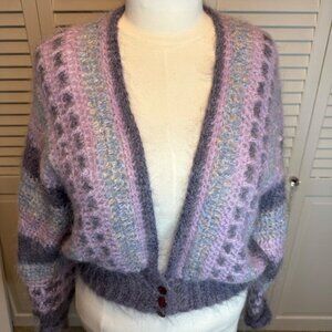 SHELEEN PASTEL MOHAIR BLEND HAND CROCHET OPEN KNIT CARDIGAN MADE IN IRELAND DEEP